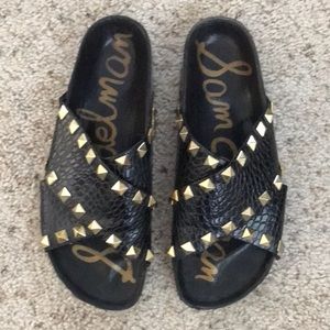 Sam Edelman black patent croc slides with gold studs